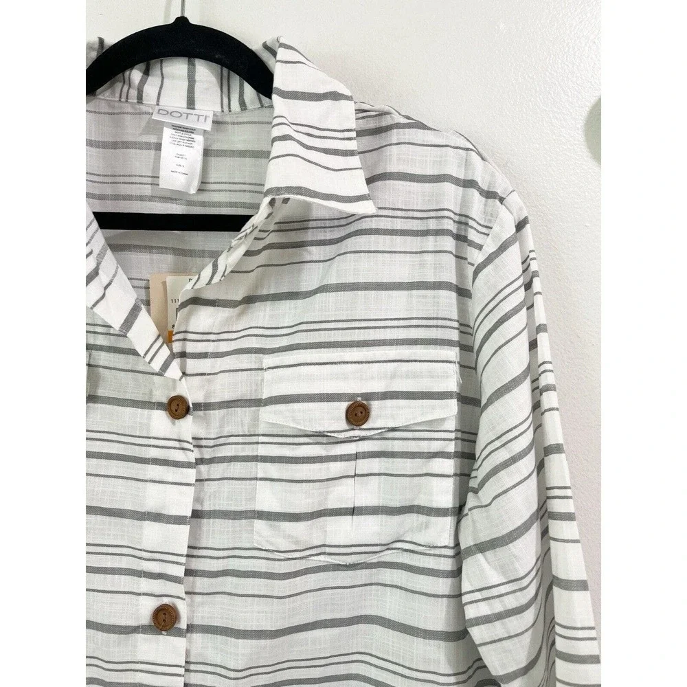 NWT Dotti Baja White Gray Striped Cotton Button Up Dress Swim Cover-up Sz Small - Picture 5 of 9